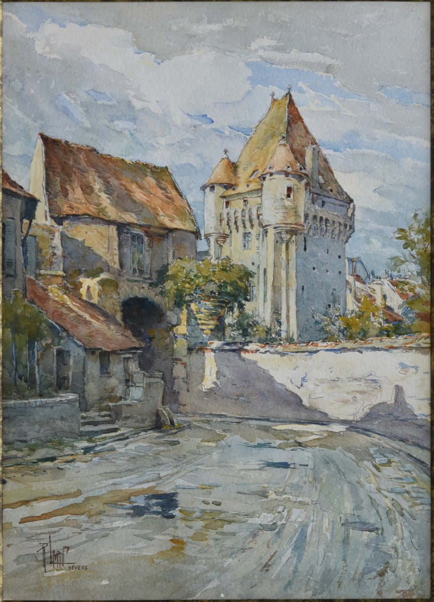 René Leverd "the Croux Gate, "nevers"" Watercolor 38x28-photo-4